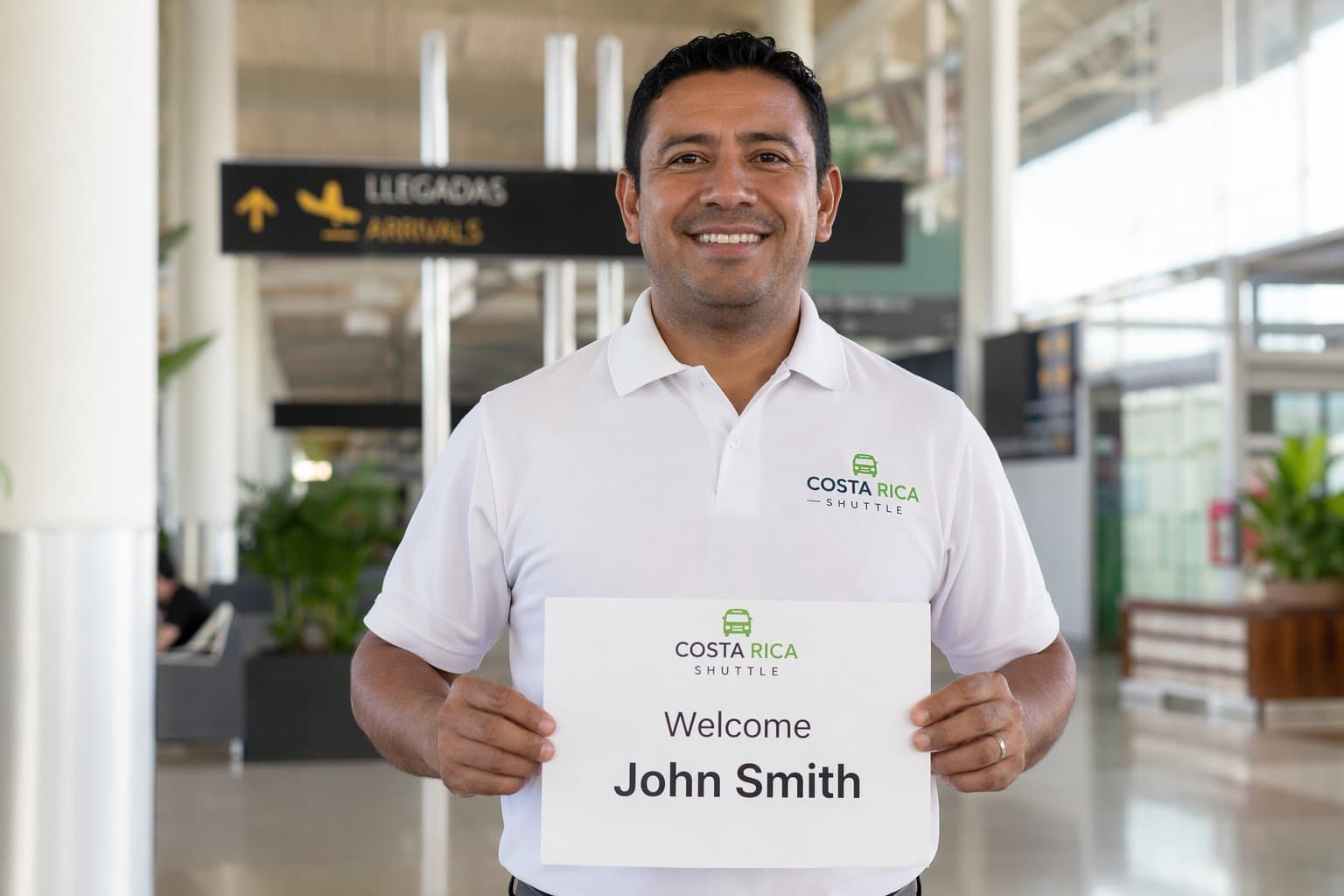 Pura Shuttle driver at Costa Rica airport arrivals holding name sign