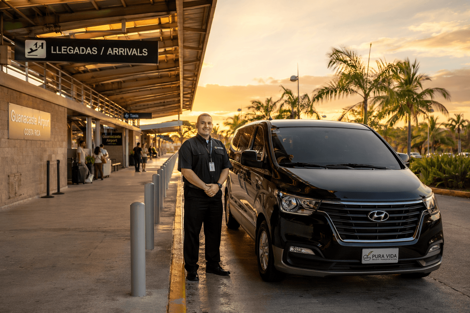 Professional shuttle driver and van at Guanacaste Airport arrivals