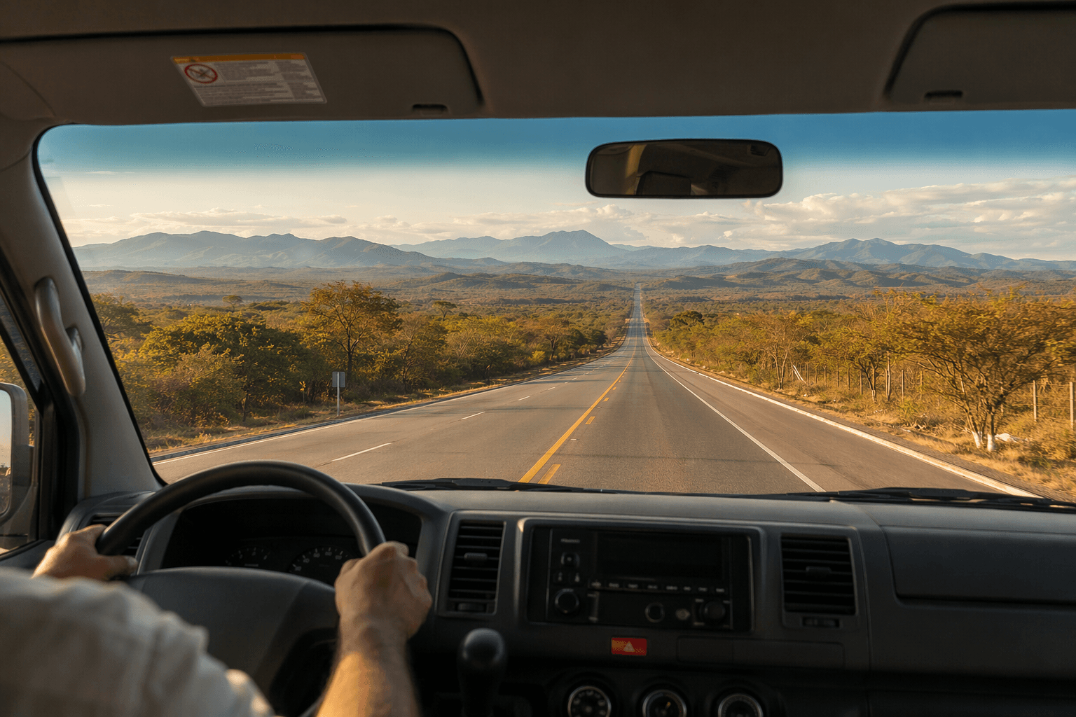 Private shuttle van driving through Guanacaste toward Arenal Volcano
